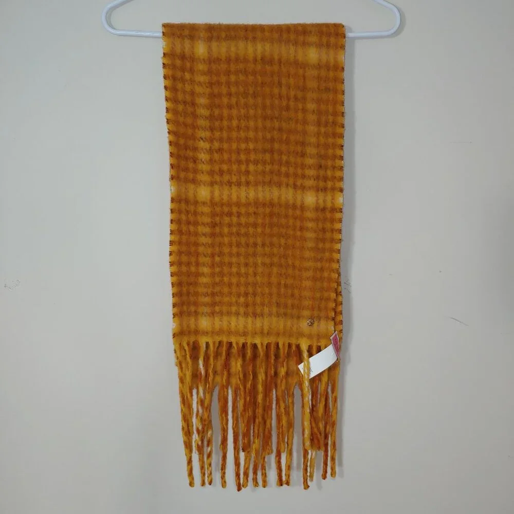Kate Spade Fiesta Plaid Brushed Scarf Wool Blend Orange Fringed Plaid OS
